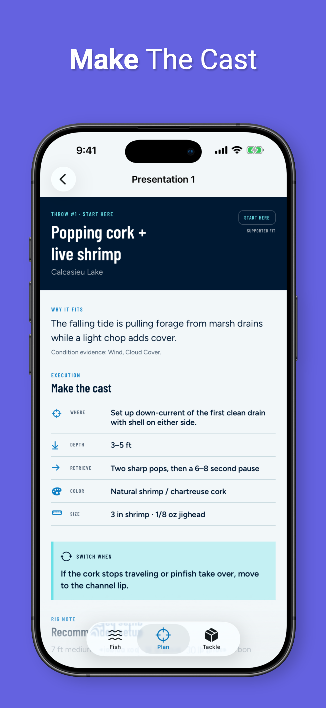 Geaux Fish fishing presentation plan with casting guidance